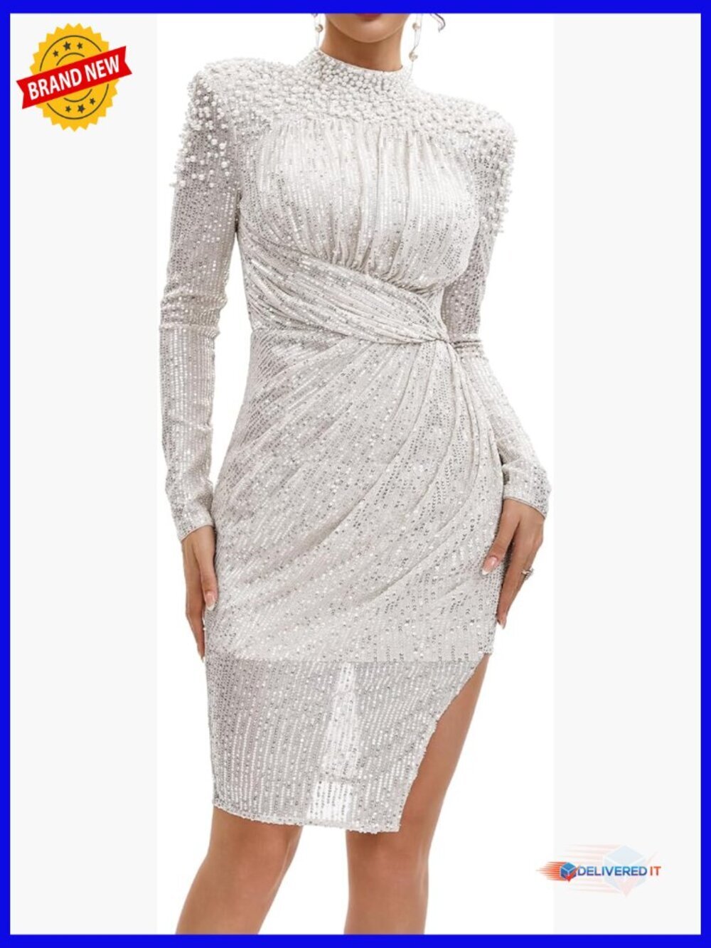Long Sleeve Sequin Backless Bodycon Prom Dress with Pearls